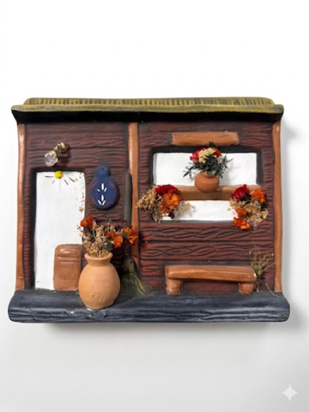 Handcrafted Rustic Wall Shelf Plaque with Terracotta Accents - Brown & Cream